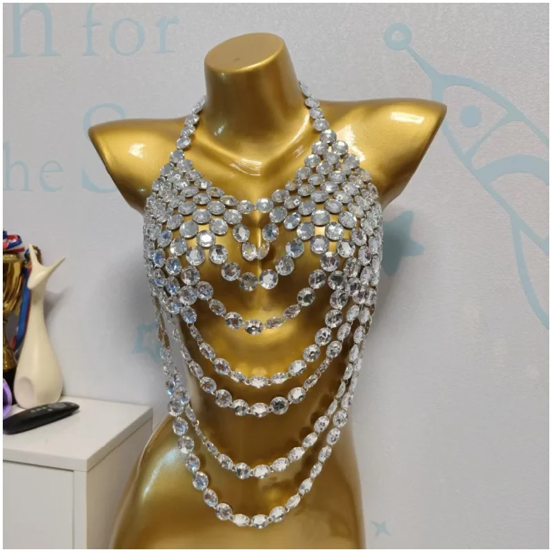 Luxuriöses Großes Kristall-Strass-Bodytop mit Neckholder und Mehrschichtigen Fransen, Sexy Kristall-Bodychain-Weste für Festivals – Detail 8