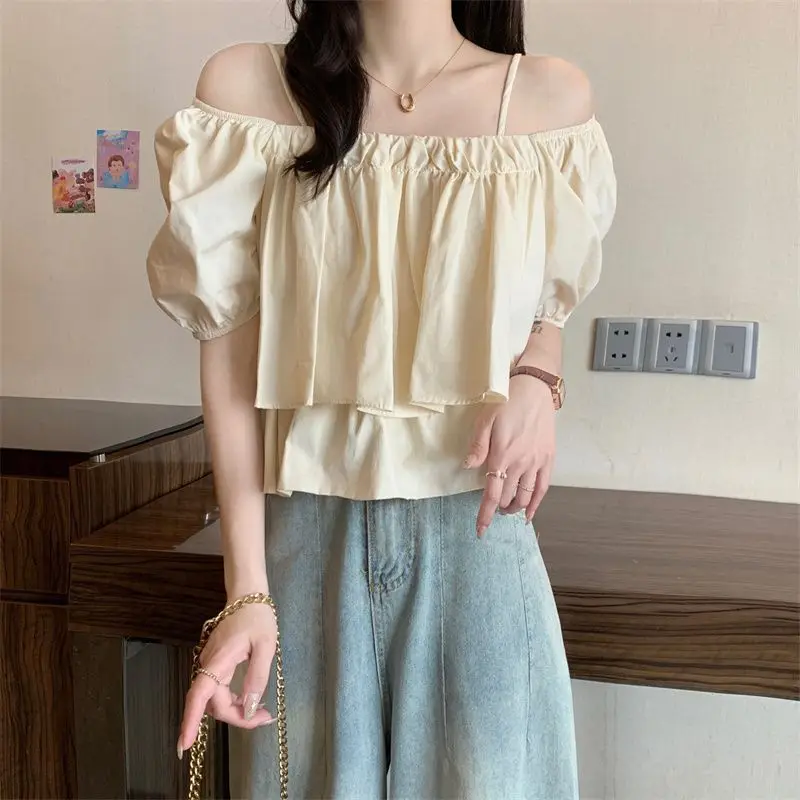 Chic Women Short Sleeve Blouse Summer Clothes 2024 New Korean Popular Style Female Casual Loose Off Shoulder Layered Cami Tops