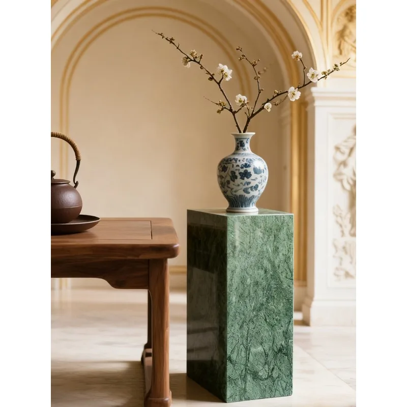 Natural green marble base hotel villa living room ornament stone pillar flower pot heightening table high-end