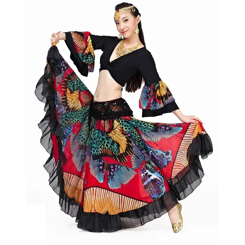 720 องศาชุดเต้นรําหรูหราผีเสื้อพิมพ์ผู้หญิง Belly Dance กระโปรงลูกไม้ Bohemian Gypsy หญิงสเปน Flamenco กระโปรง