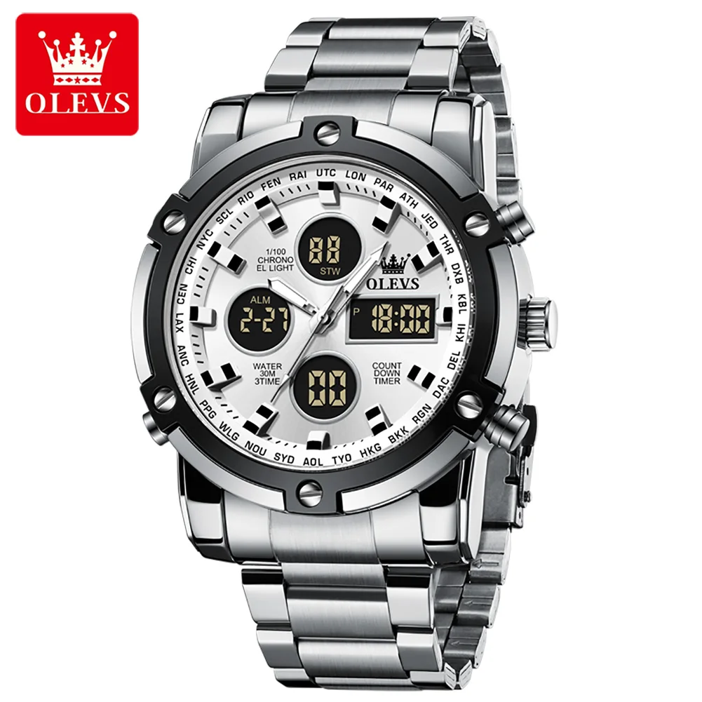 OLEVS New Dual Display Men Watches Luxury Sport Waterproof Quartz Electronic Watch For Men Fashion Steel Luminous Chronograph