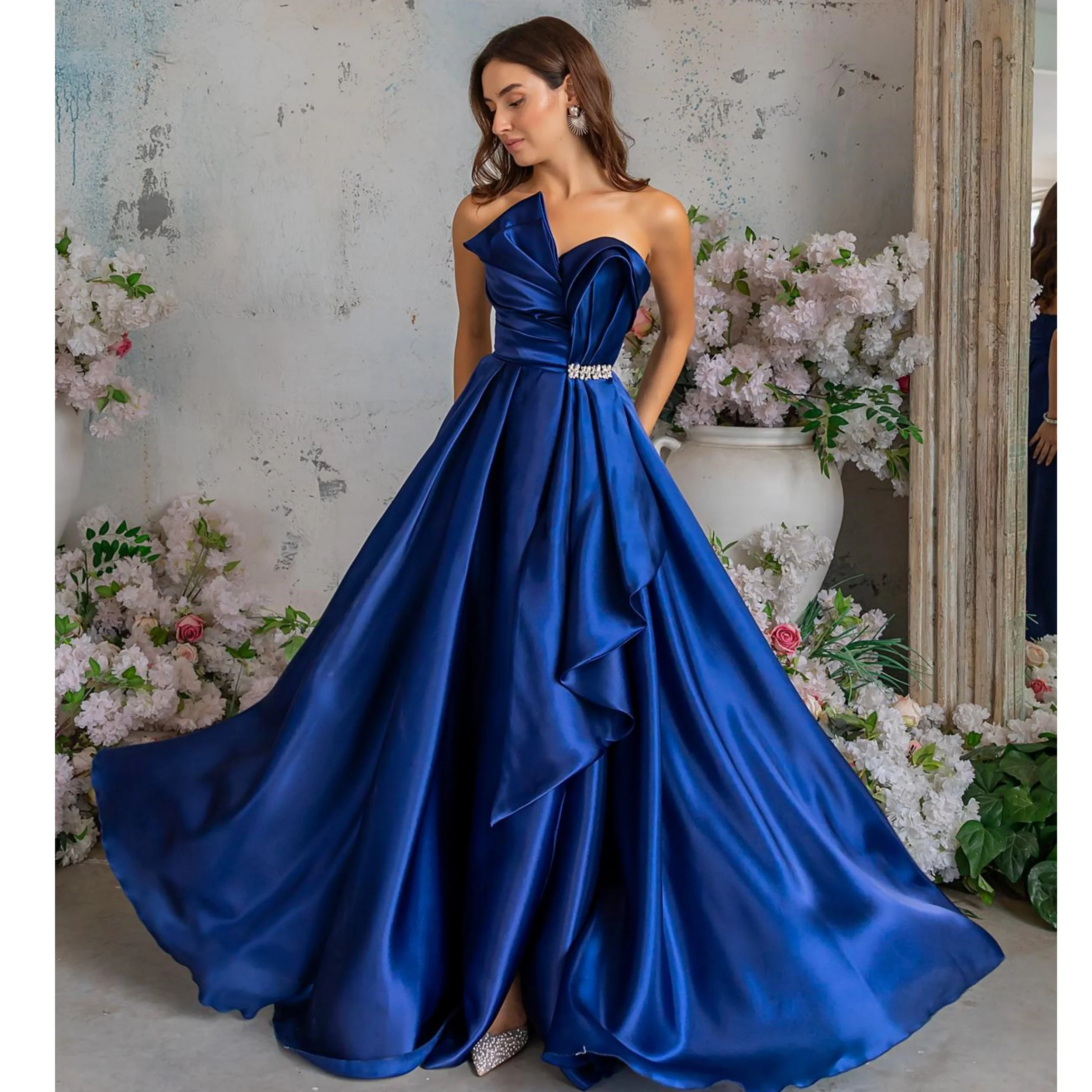 

Blue A Line Prom Dresses New Sweetheart Evening Gowns for Formal Occasion Customized Beading Pleats Slit Wedding Party Robes