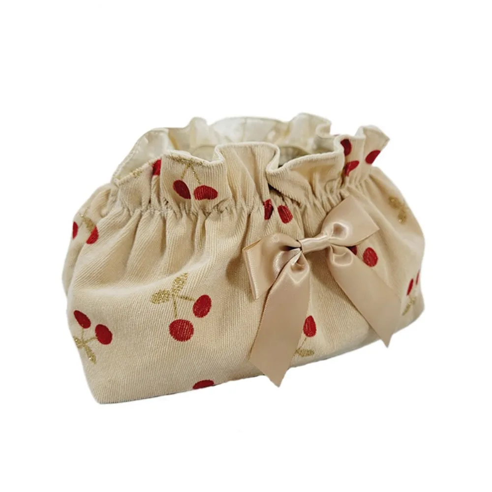

Trendy Soft Corduroy Makeup Bag Cherry Print Portable Cosmetic Cases Large Capacity Travel Storage Bags Gift Idea