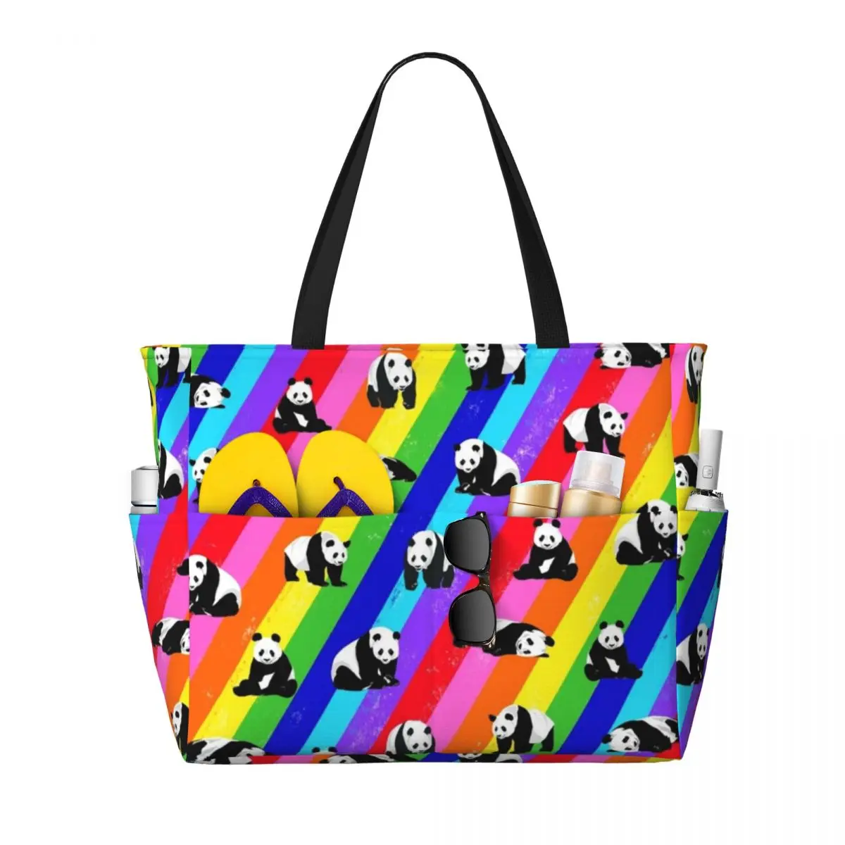 Summer Beach Bag, Large Capacity Shopping Bag, Panda Rainbow Pattern Fashion Tote Bag For Travel