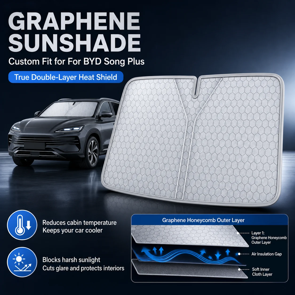 For BYD Song Plus Graphene Windshield Sunshade Custom Fit Car Sunshade UV Sun Protection Car Interior Accessories
