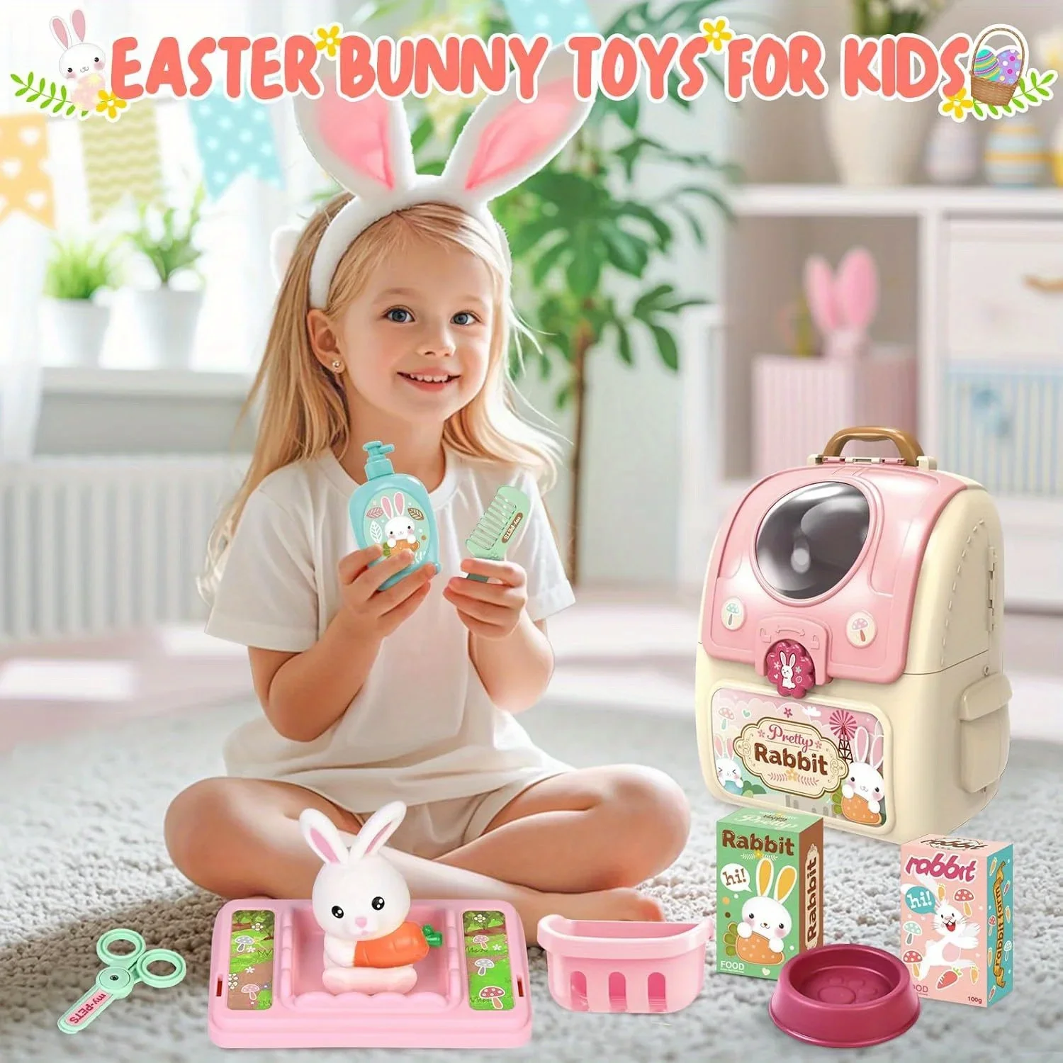 Pet Care Pretend Role Toys,Pet Bunny Carrier Backpack Toy Gifts,Bunny & Storage Backpack, Bunny Toys for Kids 3-6 Years Old