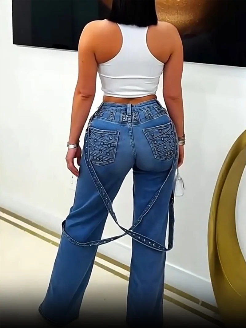 Damskie spodnie jeansowe streetwear hip-hop na jesień, z wysokim stanem, proste, codzienne spodnie dżinsowe, modne spodnie cargo, spodnie jeansowe.