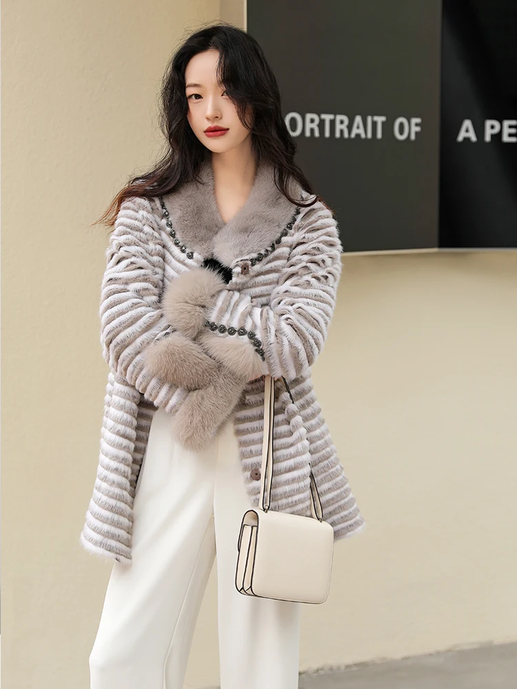 HDHOHR 2024 High Quality Natural Mink Fur Coat Women Winter Warm Fox Fur Decorate Knitted Real Mink Fur Jacket Fashion Female