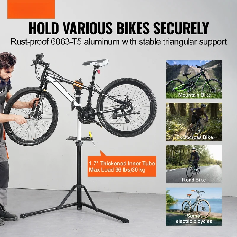 Bike repair stand heavy-duty aluminum adjustable height magnetic tool tray telescopic arm foldable for home shops