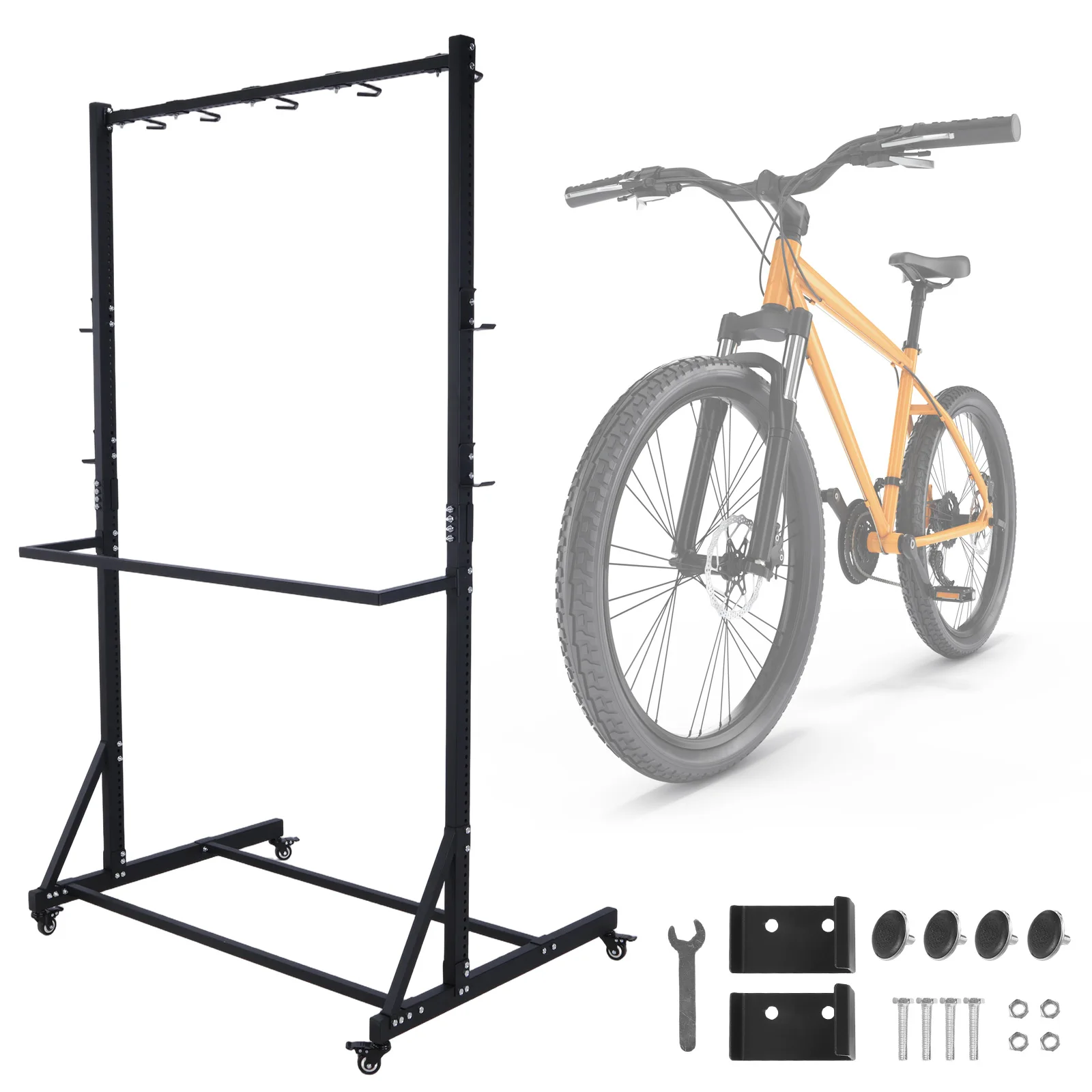 

Vertical Bike Stand with Locking Casters & 6 Hooks Heavy-Duty Bike Holder Holds Up To 5 Bikes Height Adjustable for Garage