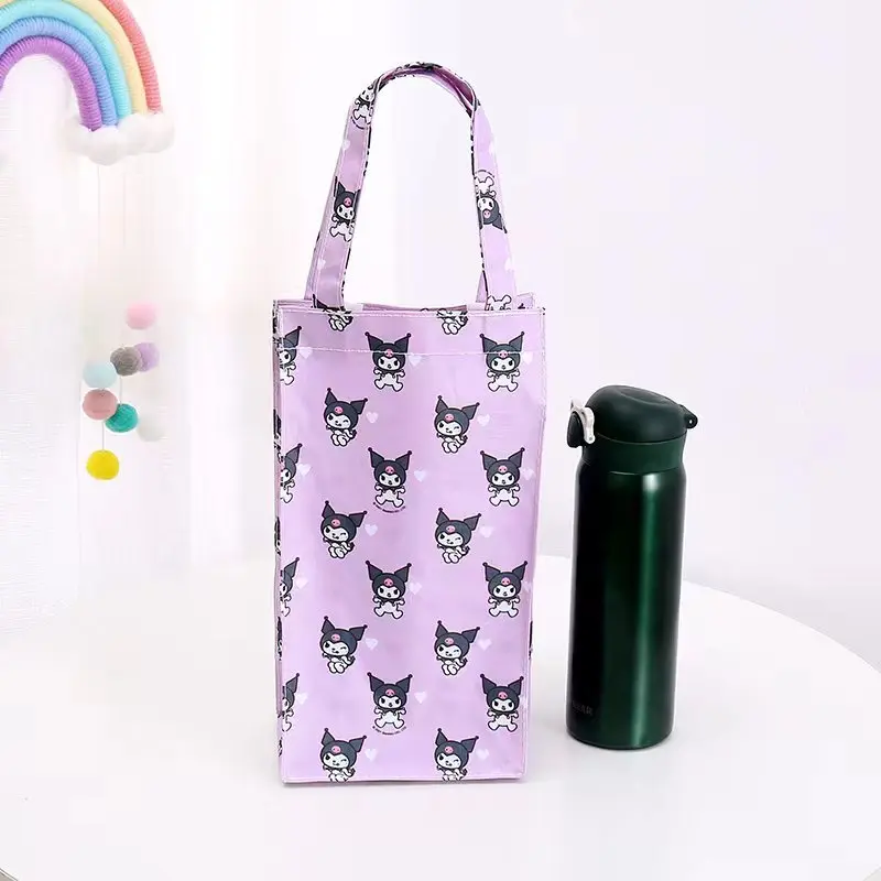 New Sanrio Hello Kitty Water Bottle Bag Kawaii Canvas Bag Cartoon Cute Check Thermos Tote Bag Umbrella Storage Bag 27x14x9cm