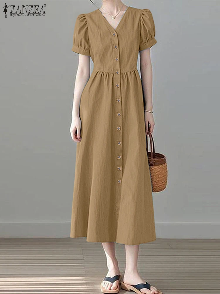 ZANZEA 女性 V ネック A ラインローブファムカジュアルボタンアップエレガントなショートパフスリーブミディドレス 2025 夏デニムルックロングドレス