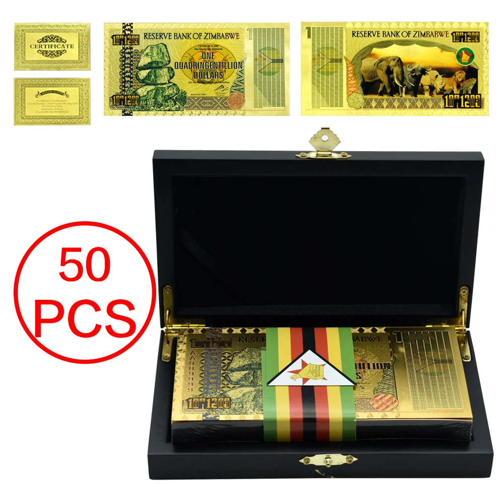 

50pcs Zimbabwe Classic Series Gold Banknotes Five Octillion Dollars Elephant Series Zimbabwe Paper Money with Box