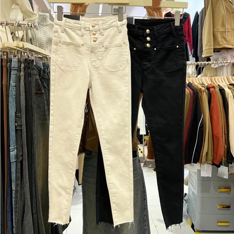 하이웨이스트 섹시 나인 포인트 슬림핏 버튼 다운 데님 팬츠 여성용 블랙 화이트 한국 스타일 캐주얼 코튼 스트레치 진