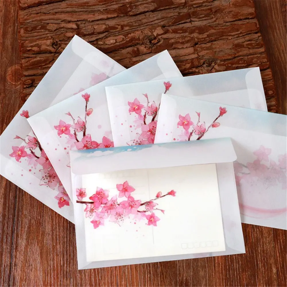 

10pcs Cute Stationery Card Cover Translucent Sulfuric Acid Paper Peach Blossom Envelope Letter Organizer Artificial Parchment