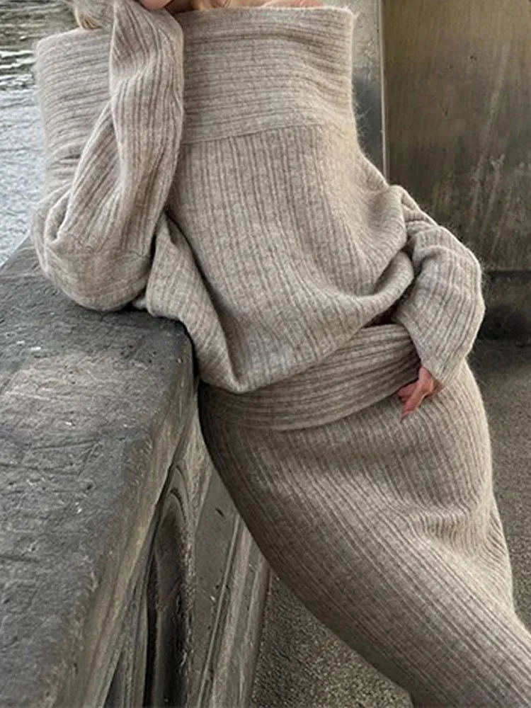 Solid Elegant Knitted 2 Piece Set Women Spring Autumn Off Shoulder Pullover Sweater+Long Skirts Sets Vintage Fashion Jumper Suit