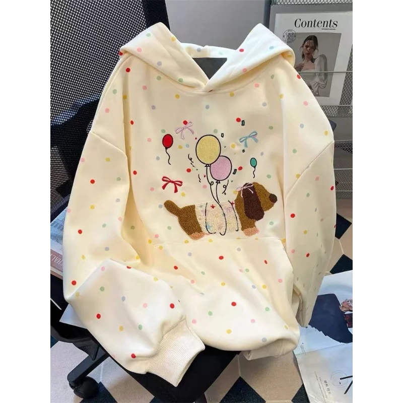 ダックスフント犬刺繍かわいい水玉模様ルーズフード付きスウェットシャツ韓国秋冬新作怠惰なカレッジスタイルベルベットジャケット