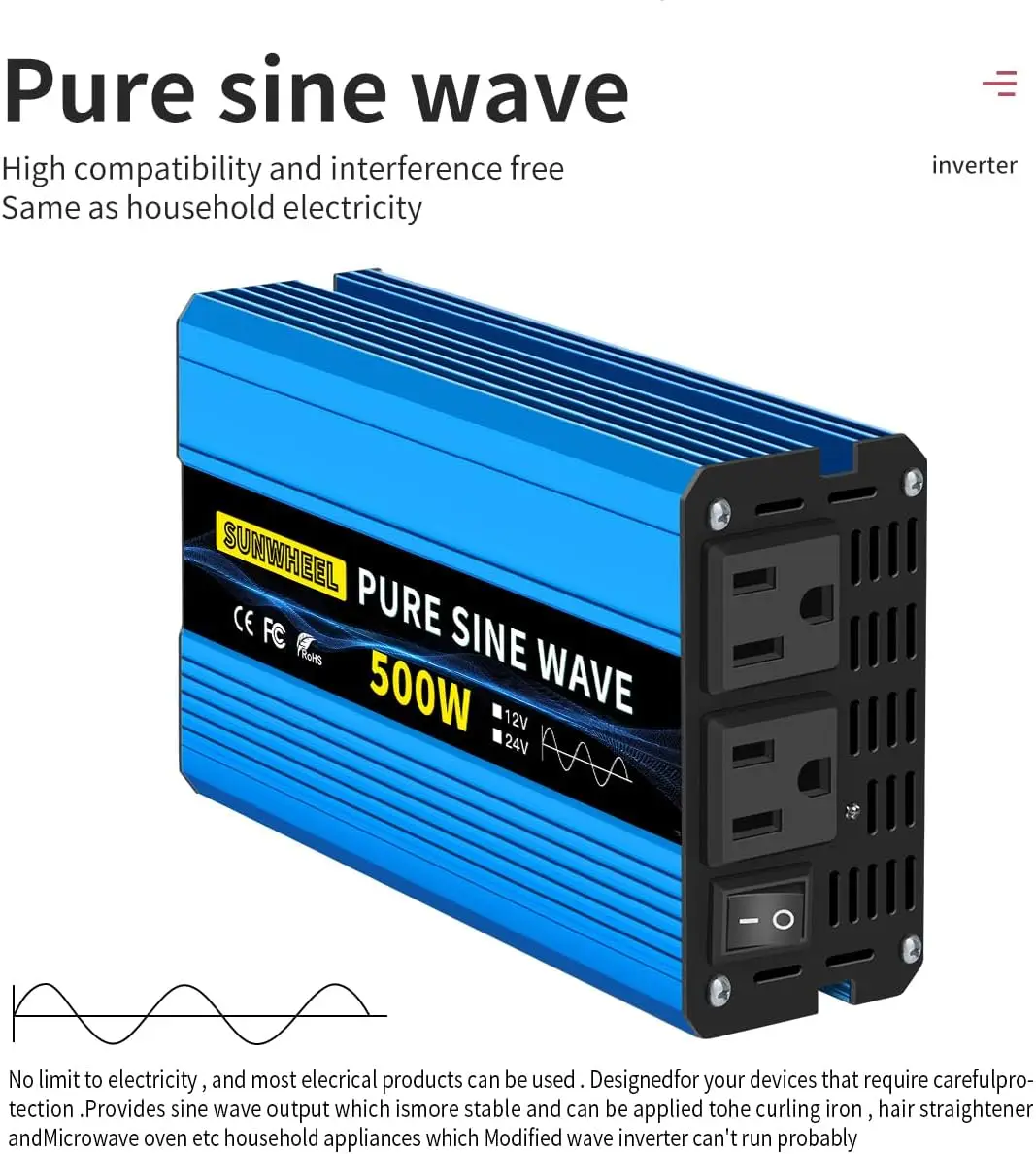 500 Watt Pure Sine Wave Power Inverter DC 12V to AC 110V 120V Peak Power 1000W Car Plug Adapter Outlet Converter