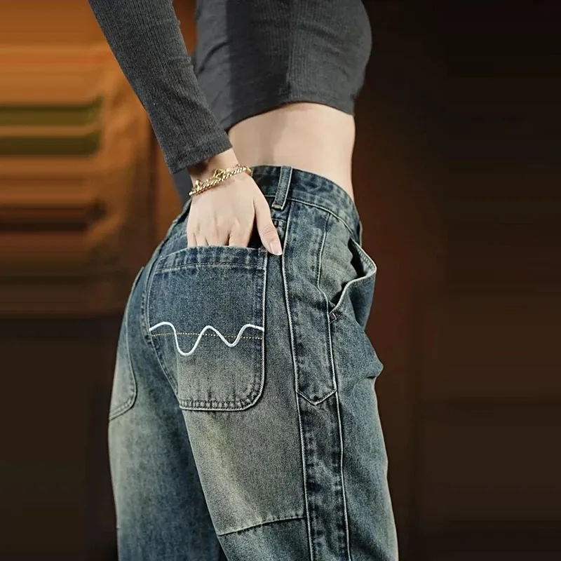 

Модные винтажные мужские джинсы прямого кроя свободного покроя, повседневные хлопковые брюки для активного отдыха, средняя посадка, застежка-молния, осенняя коллекция