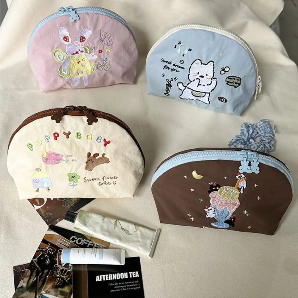 

Toiletry Organizer Cartoon Embroidery Cosmetic Bag Portable Cloth Nylon Makeup Bag Flower Lightweight Skincare Storage Bag Women