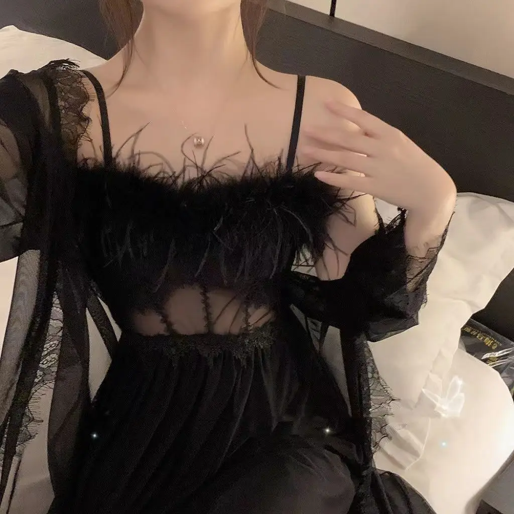 2023 spring summer new dressing gown women's feather sexy suspender fashion nightgown long ice silk high-end pajamas aesthetic