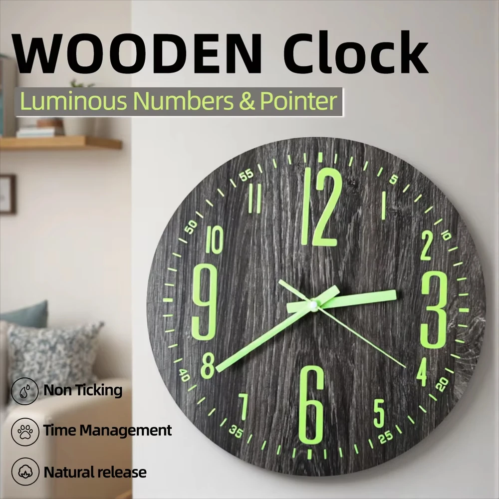 Luminous Wooden Wall Clock Silent Non Ticking Fluorescent Number Hands Round Clock Bedroom Living Room Kitchen Office Decor