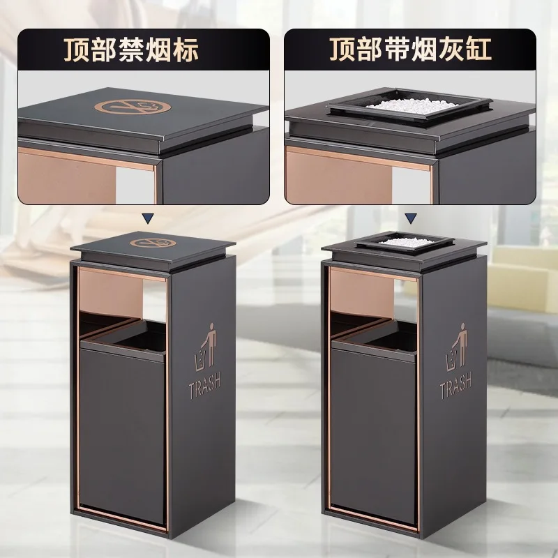 Hotel lobby stainless steel commercial trash bin, vertical square with ashtray, lobby elevator entrance, outdoor fruit peel bin