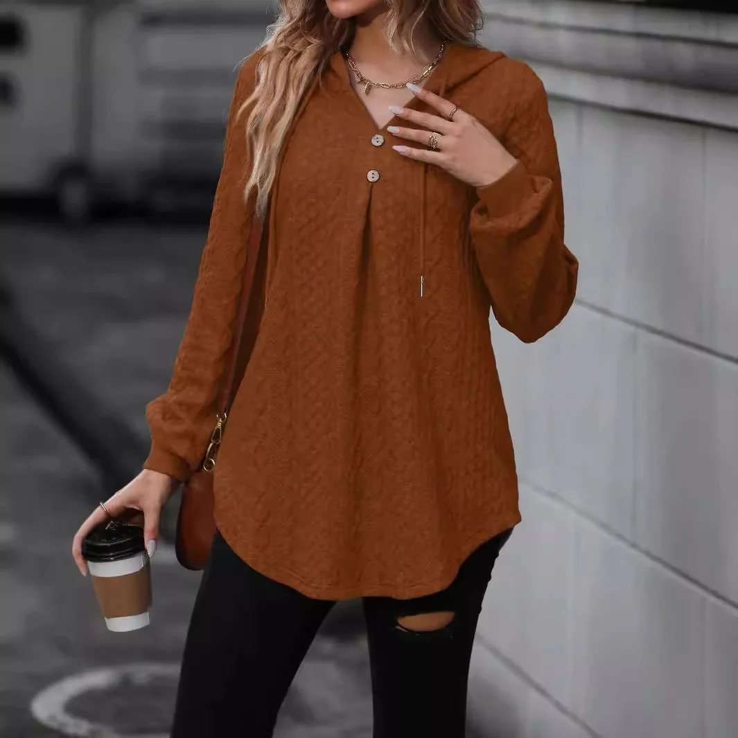 Women's Solid Color Knitted Jacquard Lace Up Hooded Sweatshirt