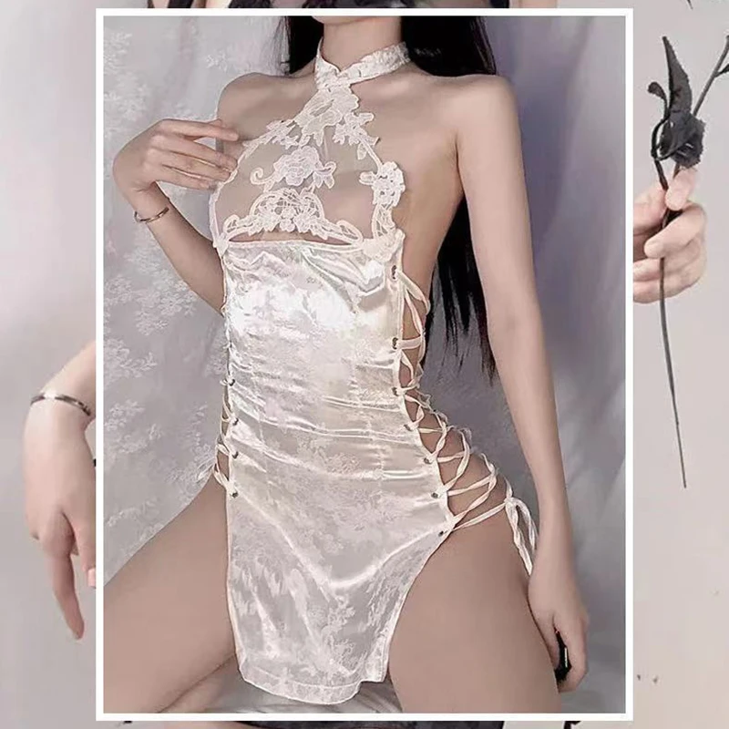 Sexy night pajamas sexy underwear cheongsam temptation passion hollow binding high slit free lucency uniform set