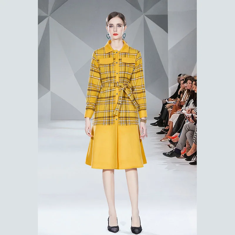 Autumn New British Plaid Yellow Woolen Dress HJW96100118