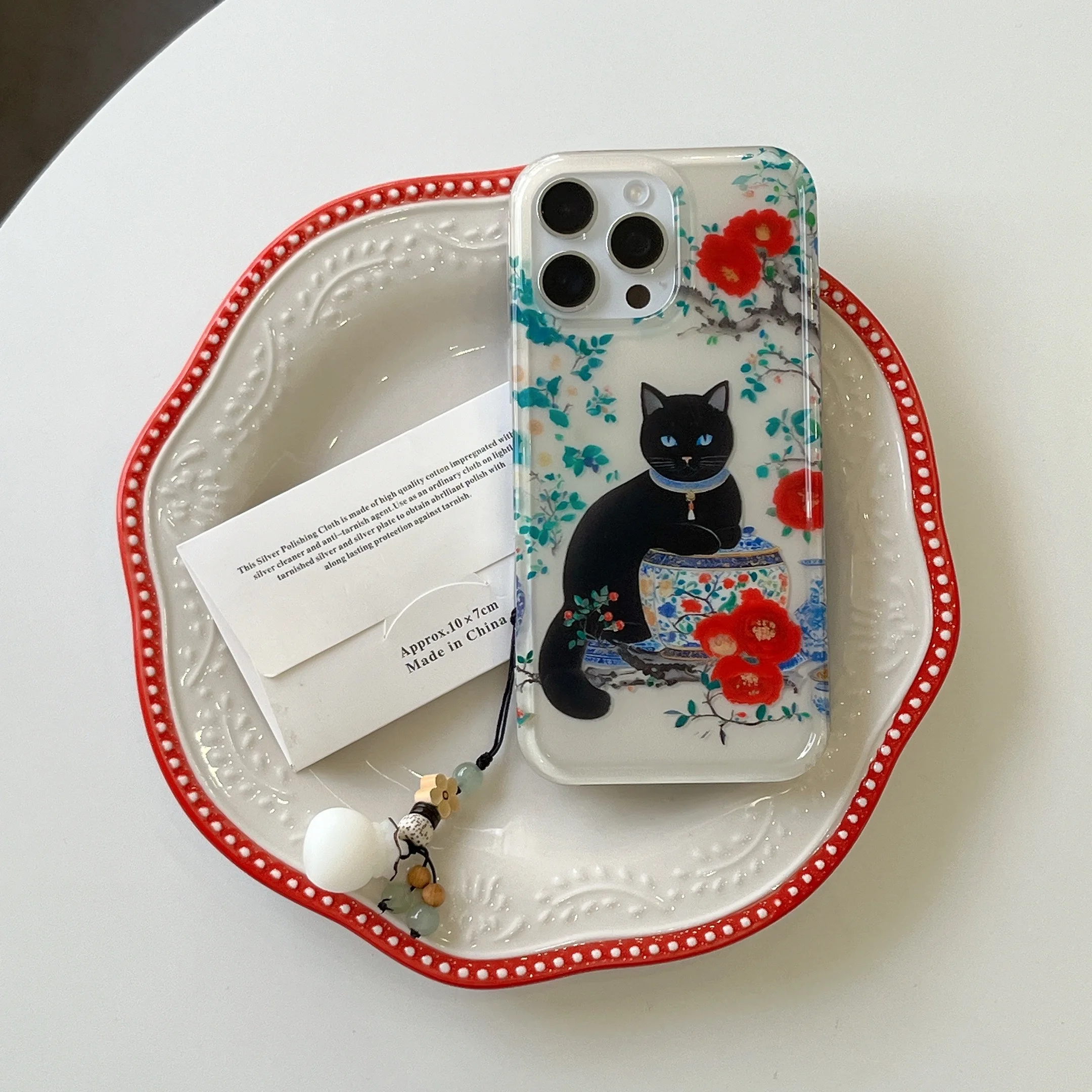 Artistic INS Black Cat & Porcelain Dual Layer Lucky Bag Dangle Phone Case for iPhone 16 15 14 13 Pro Max Back Phone Cover Capa