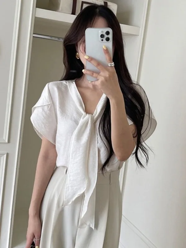 Csa E de Manga Corta con Cuello en V y Lazo para Mujer, Estilo Veraniego, Sensación de Madurez, Top Ultra Hermoso, ...