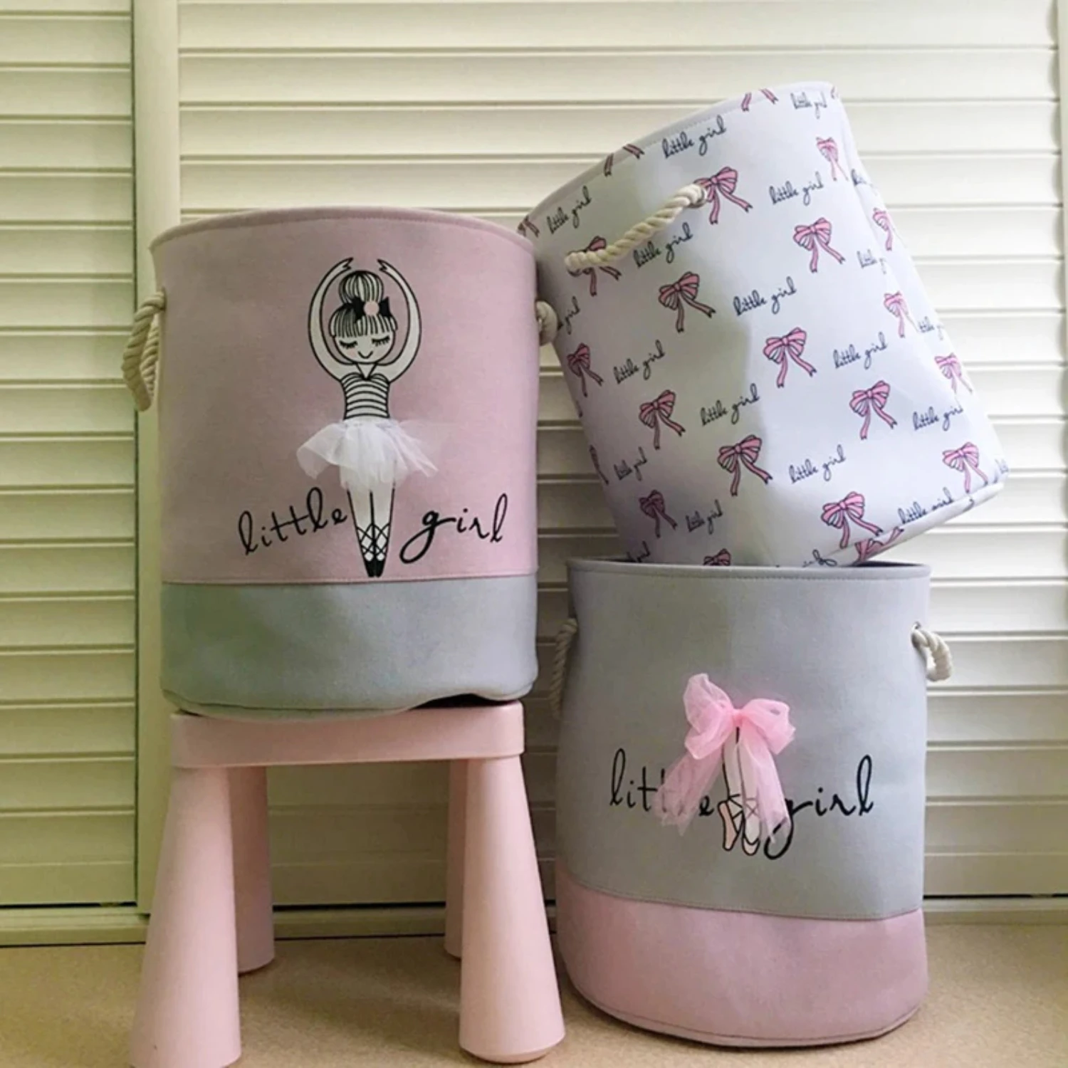 

Kids Laundry Basket Organizer Cotton Linen Ballet Girl Bow Print Toys Storage Basket Home Organization For Dirty Clothes