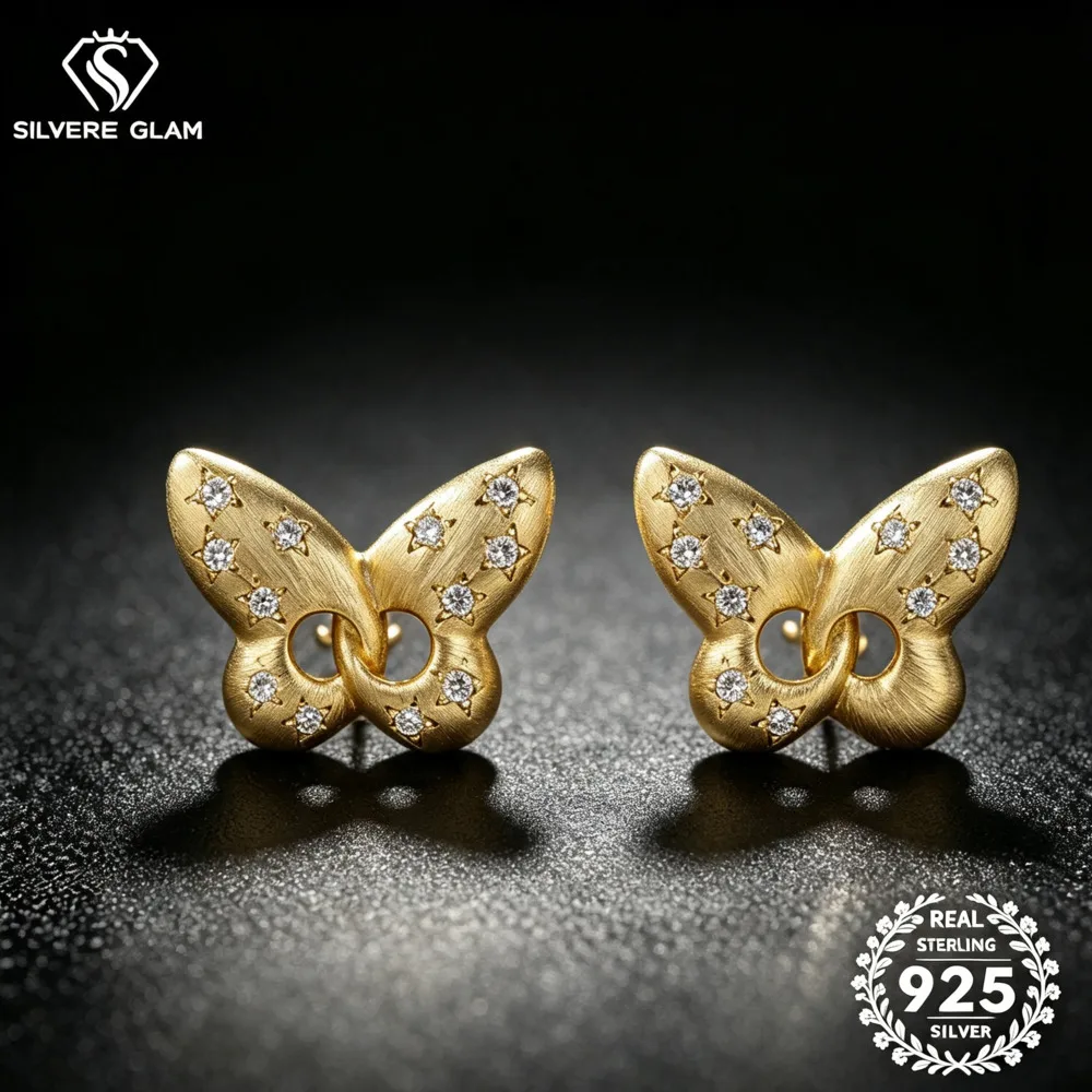 S925 Sterling Silver Matte Butterfly Stud Earrings D VVS1 Moissanite Hollow Design Elegant Ladies Daily Party Jewelry