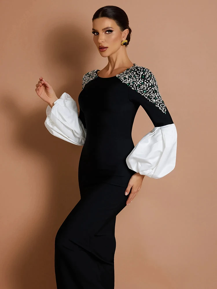 فستان ماكسي بأكمام واسعة من Art Gala Allure باللون الأسود والأبيض والكريستال #6