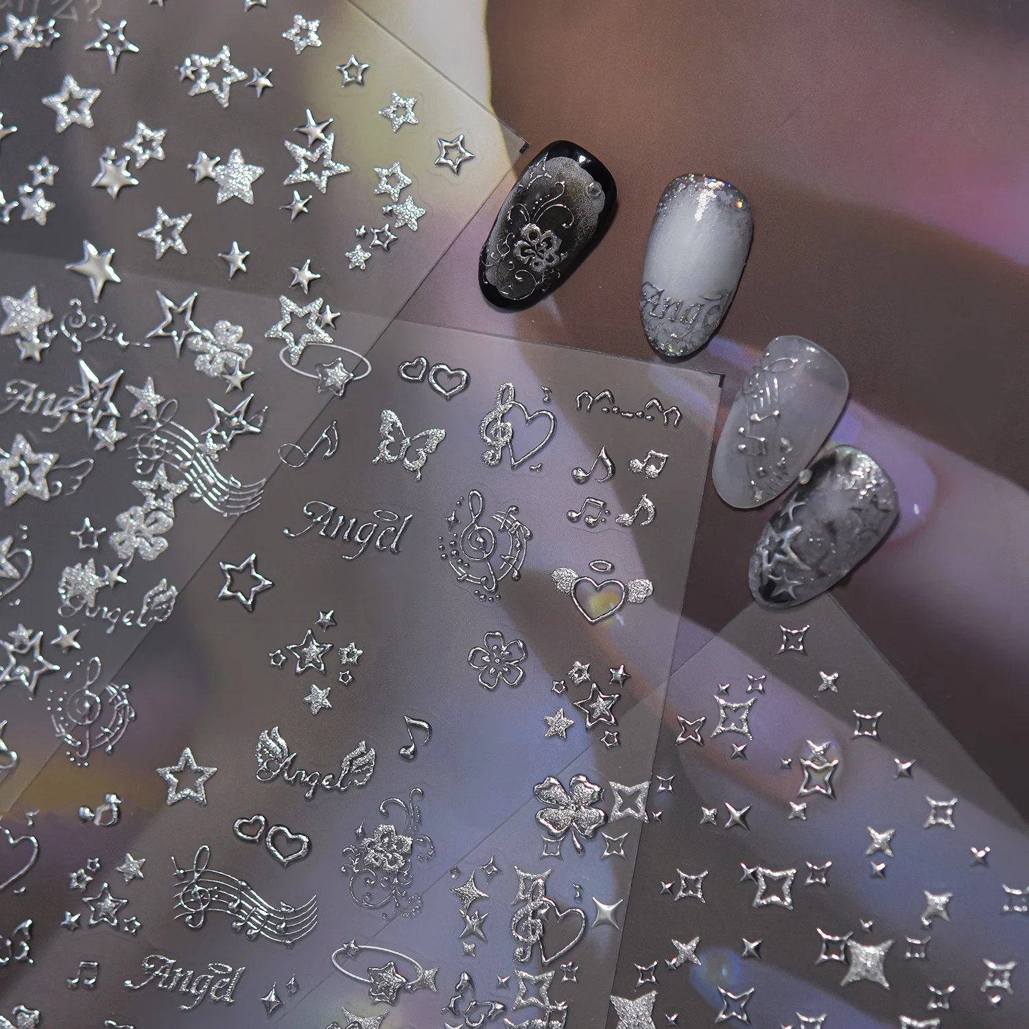 5D Silver Starry Nail Stickers Flash Sand Pentagram Four Pointed Star Cross Star Geometric Metal Self Adhesive Nail Decals DIY