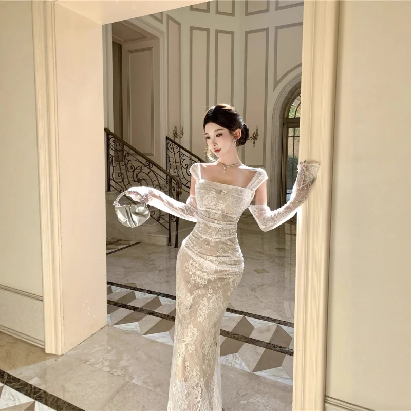 

Desire Vacation Style , Clever Off-Shoulder Strap Sleeve Lace Crochet Long Dress