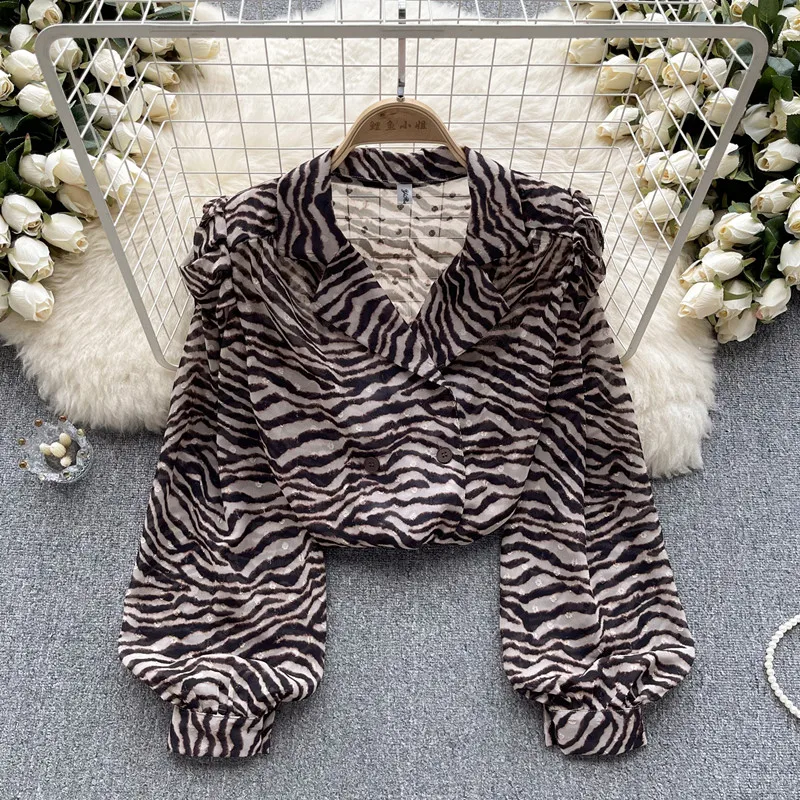 Girls Leopard Pattern Shirt Women's Autumn Puff Sleeves lapel Loose Slim Design Top Fashion blouses