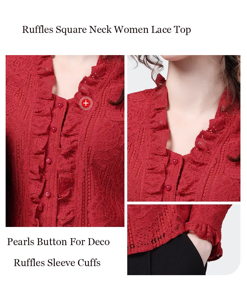 Fashion Square Neck Ruffles Red Lace Shirt Women\' 2024 Spring Summer Tops Elegant Hollow Out Chic Office Ladies Blouses