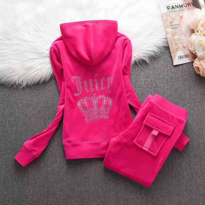 Y2k 2024 Velvet Juicy Tracksuit Two Piece Set for Women Hoodie and Wide Leg Pants 2 Piece Sets Women Outfit Pant Suits