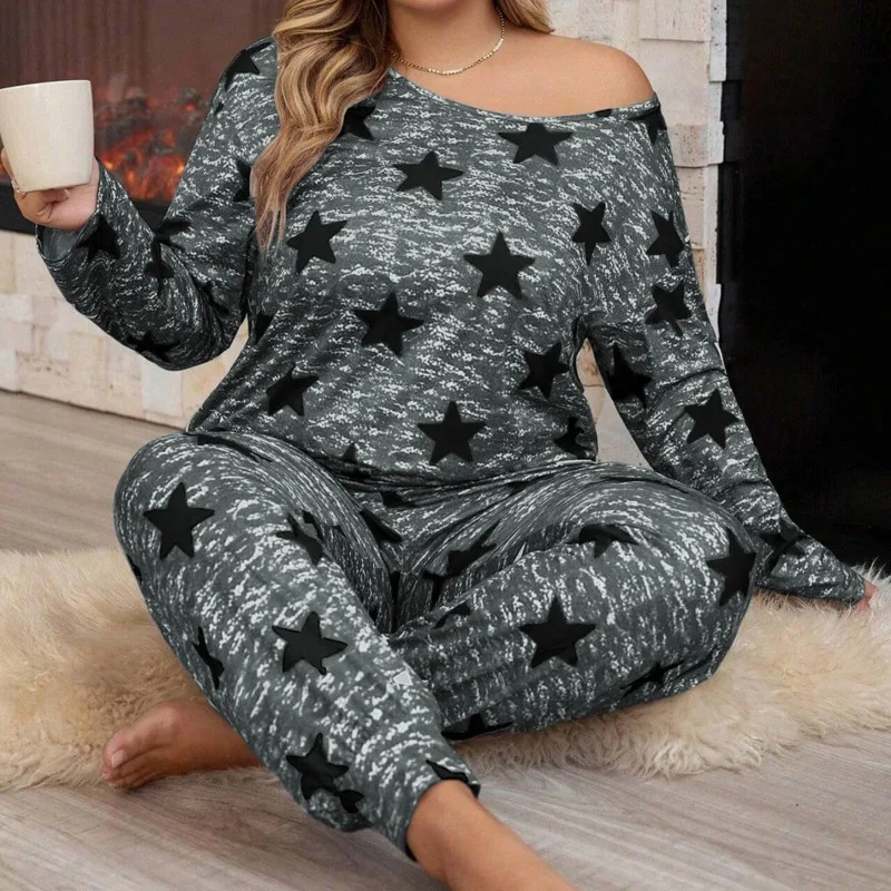 

5XL Large Size Print Pajamas Set Autumn Winter Off Shoulder Long-sleeved Pullover Trousers 2 Pices Set Home Clothes Loungewear