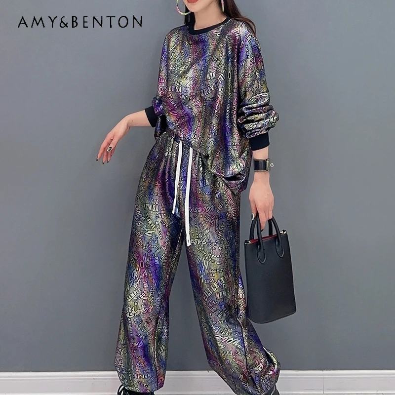 

2024 Spring Autumn Suit Long Sleeve O-neck T-shirt Printed Flash Casual Trousers Two-Piece Sets Comfortable Fashion Women's Wear