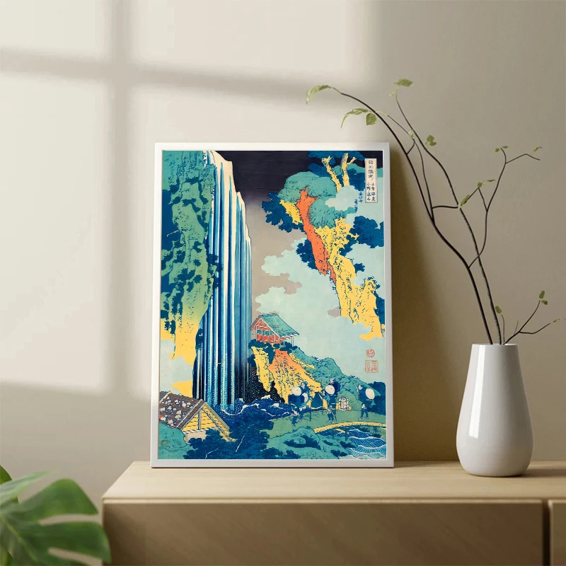 Hokusai Ukiyo-e Blue Green Japanese Waterfall Canvas Poster Vintage Asian Landscape Wall Art for Living Room Home Decor