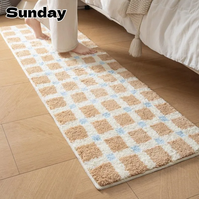 

Korean Style Plaid Tufted Rugs for Bedroom Bedside Soft Fluffy Tufted Carpets Chessboard Pattern Anti Slip Bathroom Floor Mats