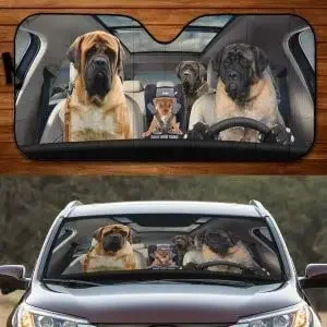 Funny english mastiff family driving dog lover car sunshade car windshield visor for uv sun protection car sunshade