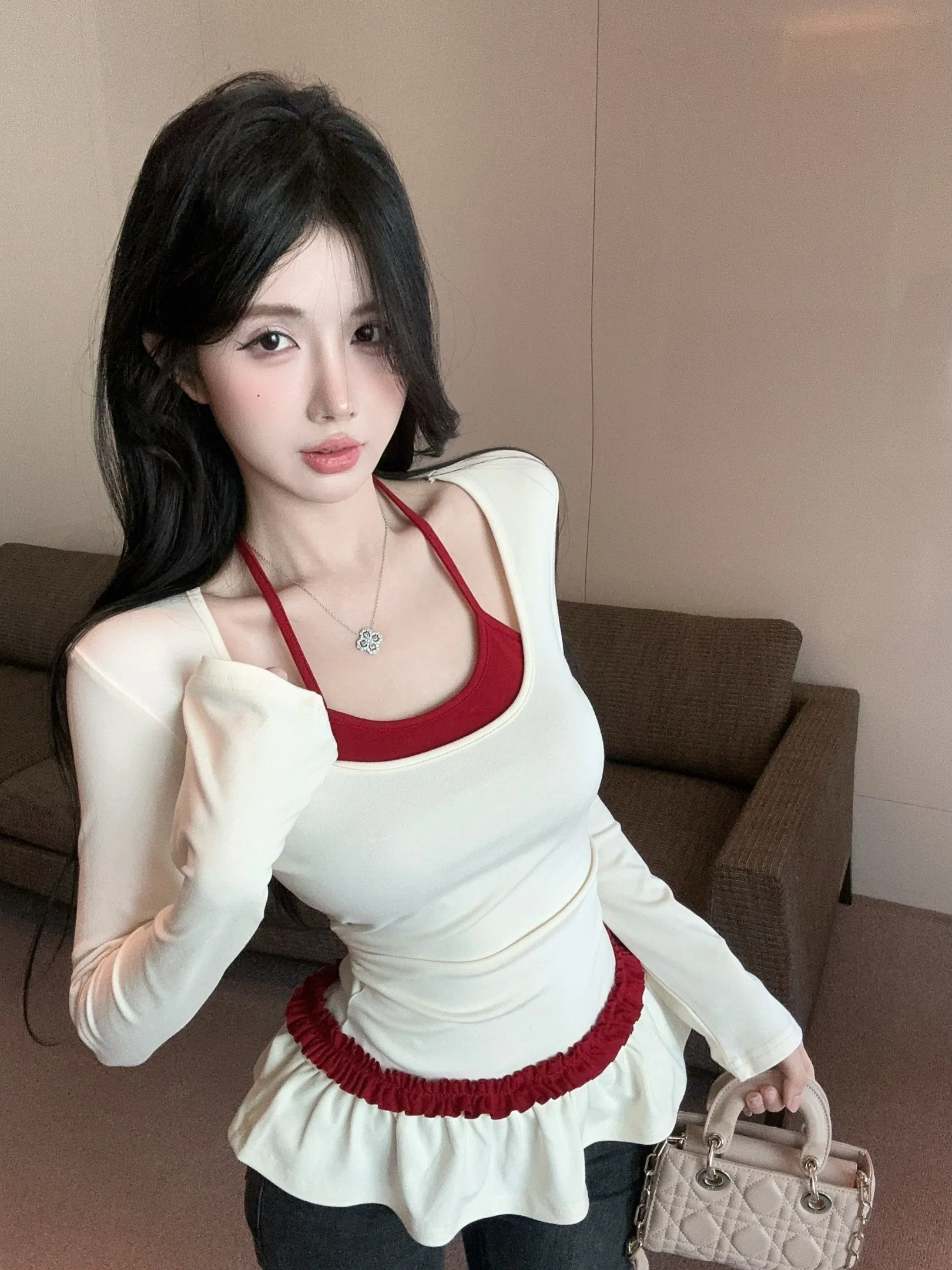 

Sweet Ruffle Hem Long Sve T-irt Base Layer irt Color Blo Overlap Top Women's New Year Ballet Sle Cotton Linen Blend