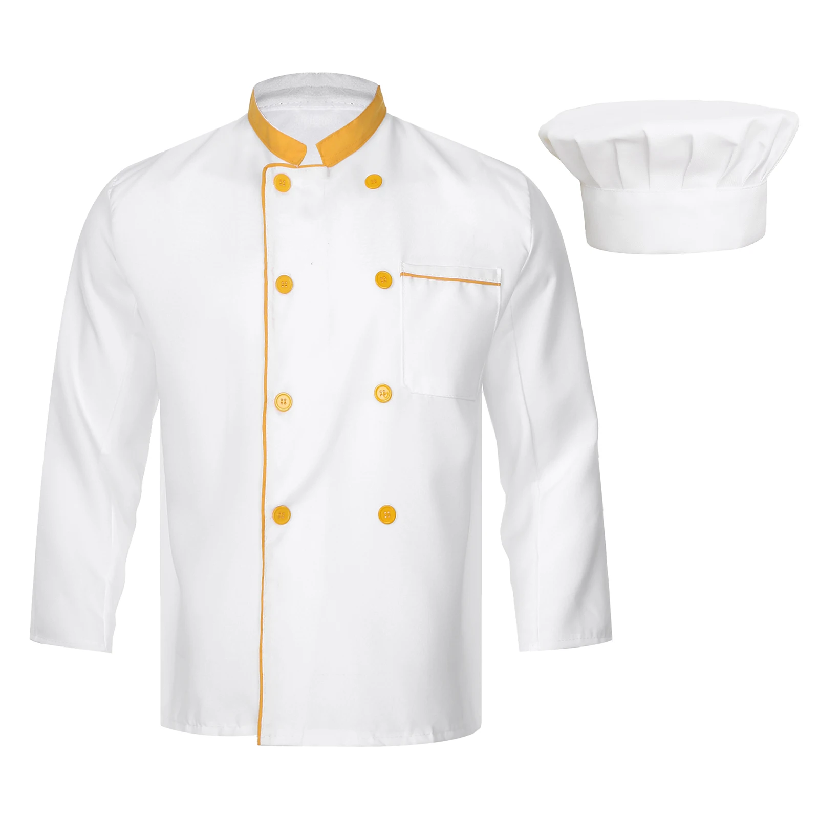 Men Chef Jacket Cooking Outfit with Chef Hat for Hotel Restaurant Kitchen Work Uniform Long Sleeve Double-Breasted Chef Shirts