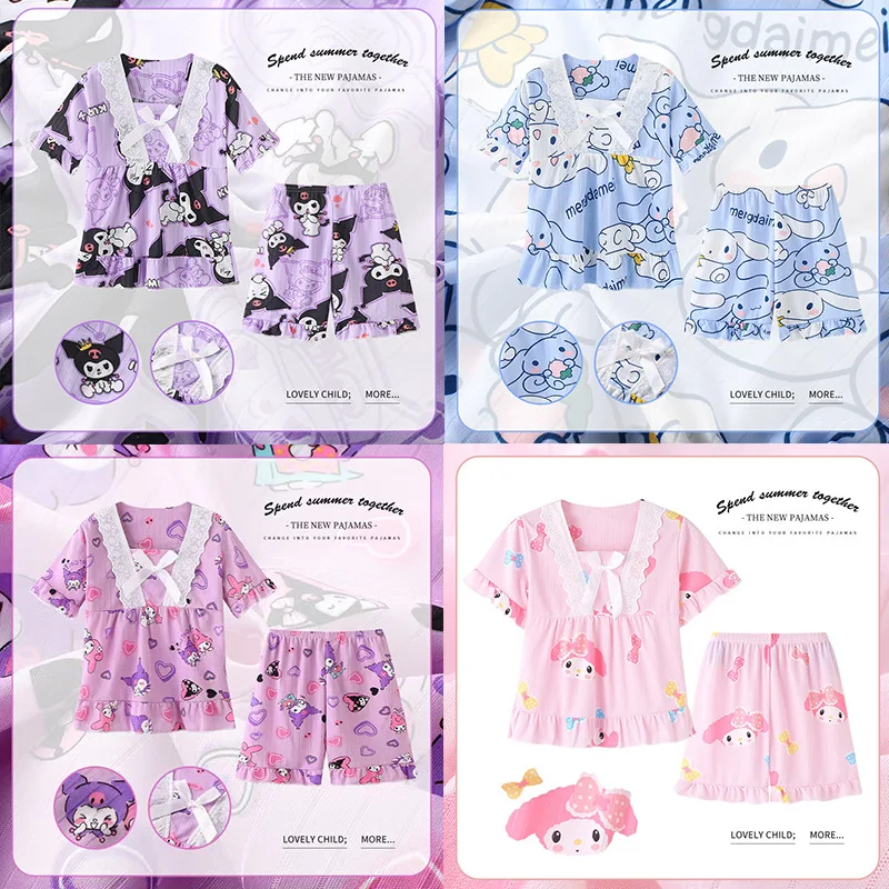 Sanrio Kuromi Short Sleeve Pajama Suit Cute Cartoon Anime My Melody Cinnamoroll Summer Home Clothes Two-piece Set Holiday Gifts