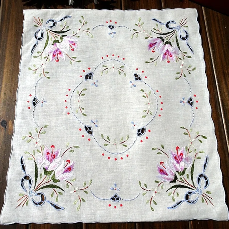 الرجعية الصناعة الثقيلة اليد المطرزة زر قفل الأزهار القوس غطاء من الكتان وشاح مربع 35 سنتيمتر #5