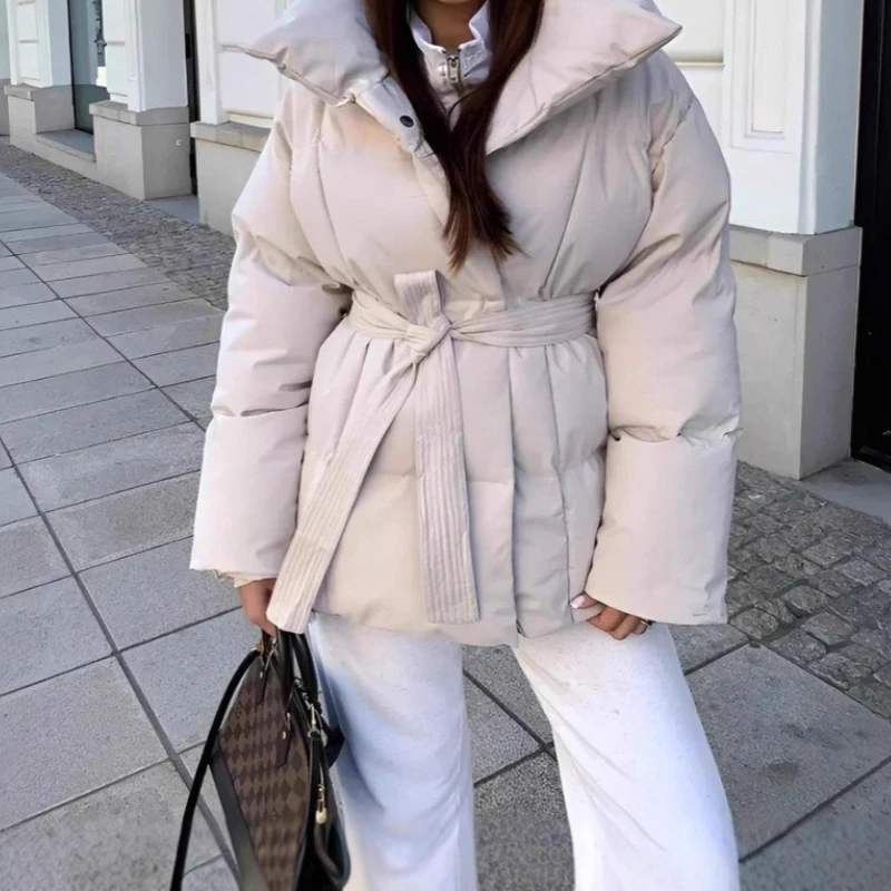 2025 Women's Warm Long-Sleeve Waist-Cinching Loose Solid Color Fashion Autumn and Winter Cotton Coat